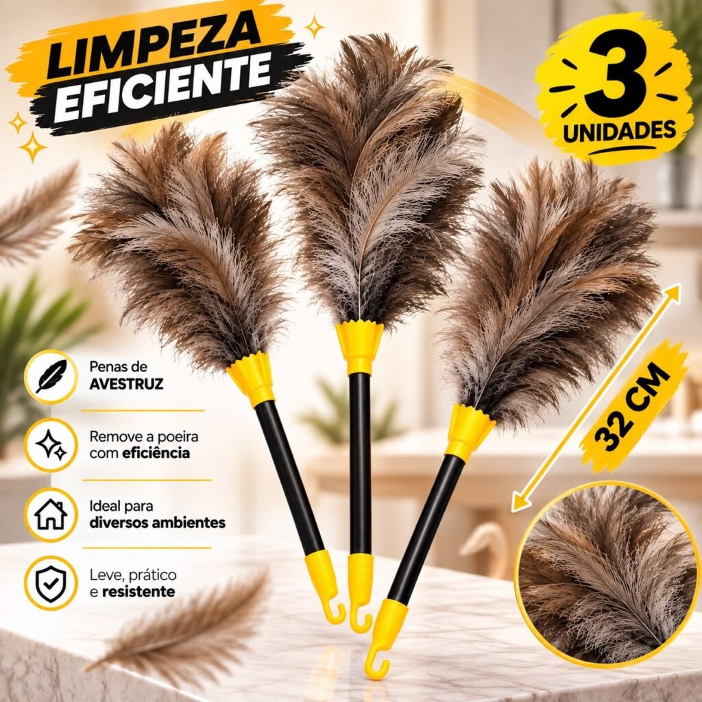 Kit 3 Espanador de Pó 32cm Pena de Avestruz Super Macia